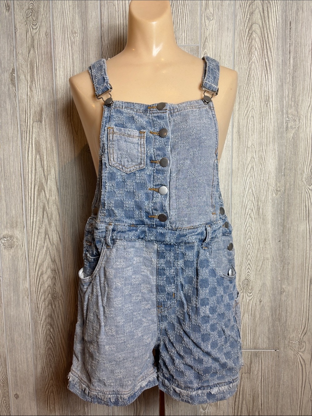 POL Patchwork Checkered Denim Romper Short Overalls - Size L